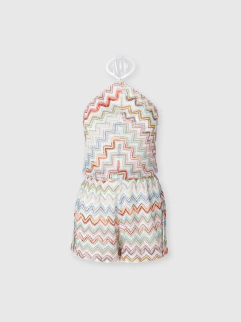 Short jumpsuit with 3D zig zag lamé and halter neckline