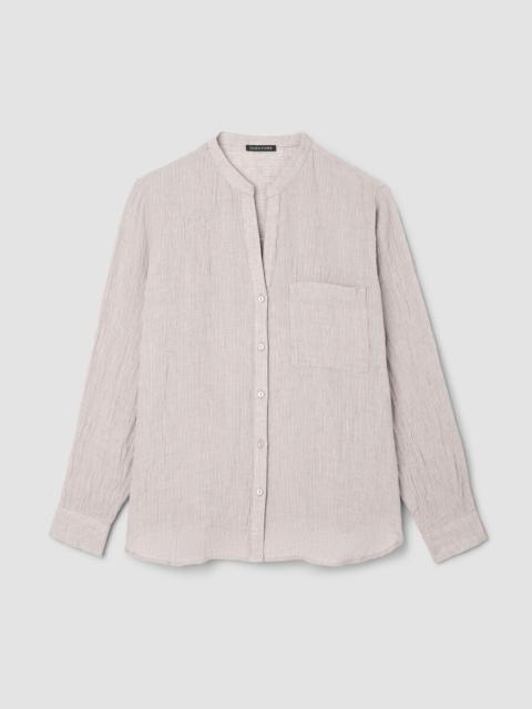 Puckered Organic Linen Stripe Band Collar Shirt