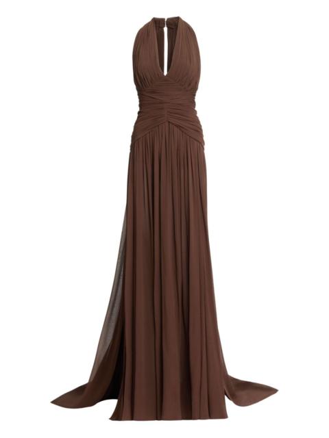 halterneck ruched maxi dress