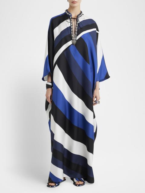 Iride-Print Crystal Neck-Tie Silk Twill Maxi Kaftan Dress