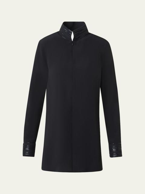 Ribbon Foil Silk Crepe Tunic Blouse