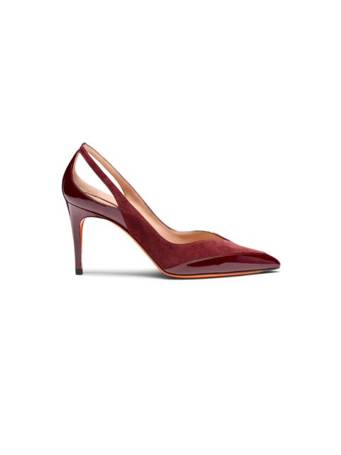 Women's burgundy patent leather and suede high-heel pump