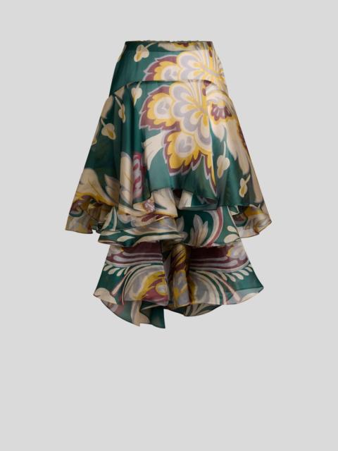ASYMMETRIC SILK MIDI SKIRT WITH FLORAL MOTIF