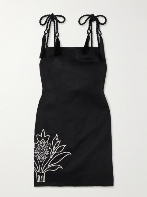 Haath Tasseled Embroidered Linen Mini Dress