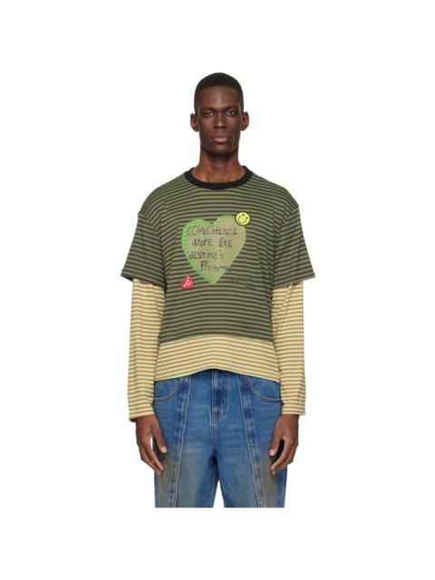 Khaki Essential Heart Message Stripe Layered LS T-shirt