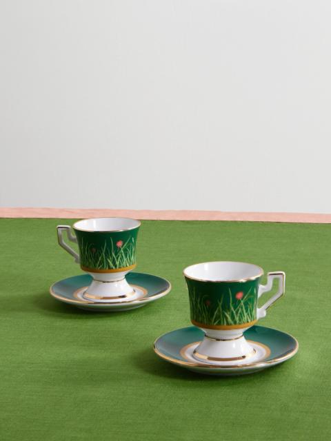 Set Of Two Gold-plated Painted Porcelain Espresso Cups And Saucers