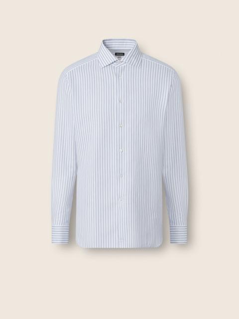 DARK INDIGO BLUE AND WHITE STRIPED COTTON LINEN AND SILK SHIRT