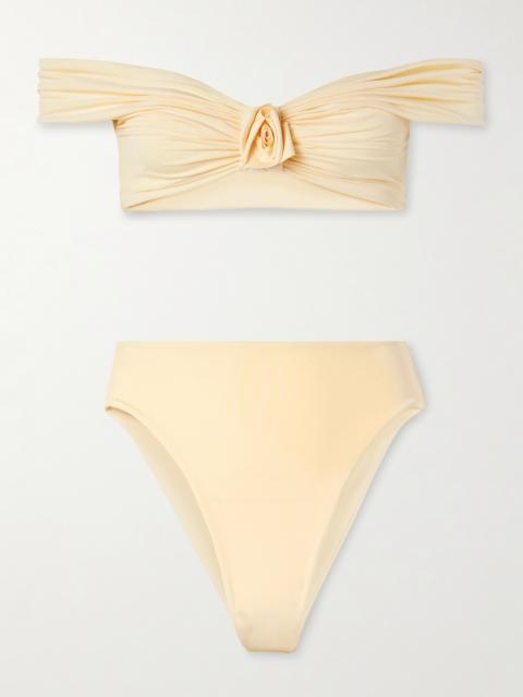Sauco Off-the-shoulder Appliquéd Ruched Bikini