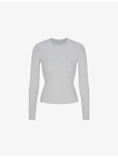 Round-Neck Long-Sleeve Stretch-Cotton Jersey Top