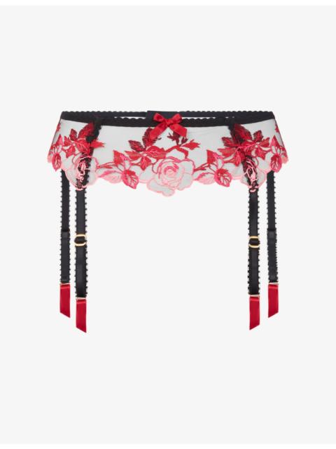 Callypso Floral-Embroidered Mesh Suspender Belt
