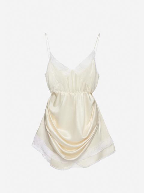 Draped lace-trim slip mini dress in cream