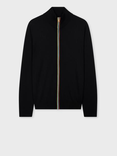 Black Washable Merino Wool 'Signature Stripe' Zip Cardigan