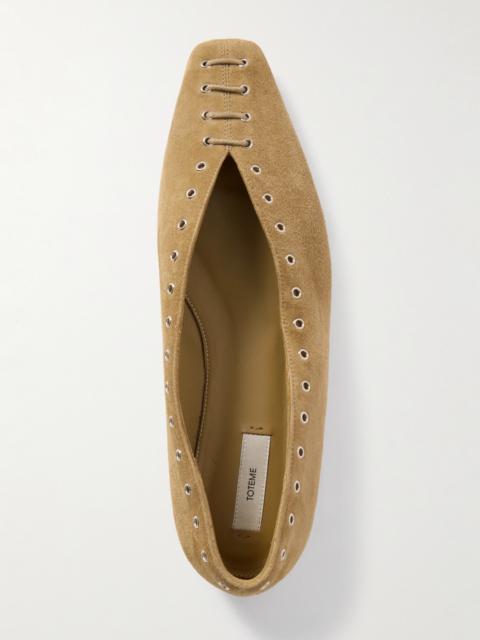 Lace-up Eyelet-embellished Suede Ballet Flats