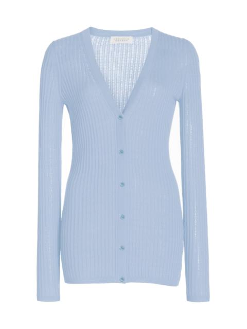 Homer Pointelle Knit Cardigan in Halogen Blue Cashmere Silk