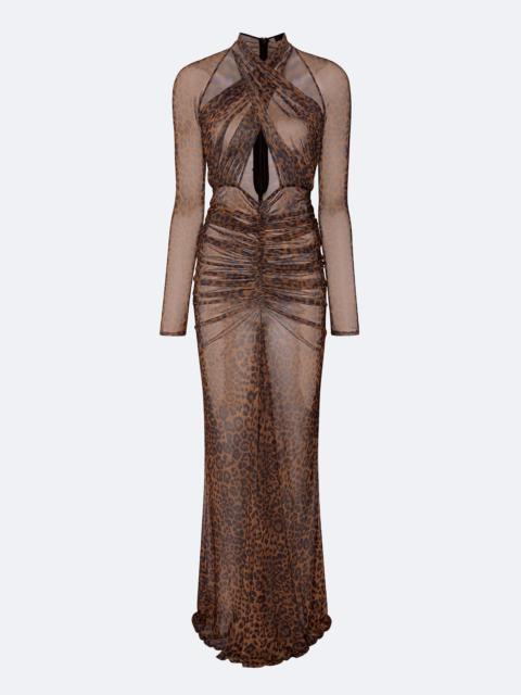 Printed Mesh Halter Ruched Gown