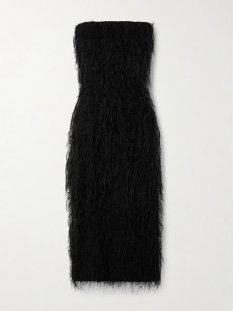 Fringed Strapless Voile Midi Dress