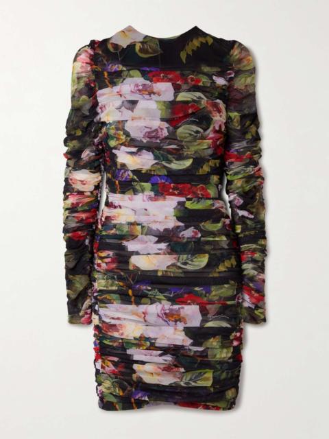 Ruched floral-print stretch-tulle mini dress