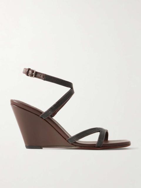 Bead-embellished leather wedge sandals