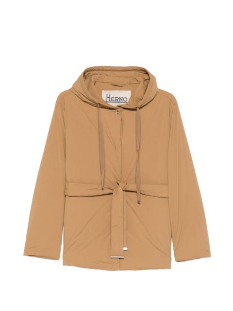 hooded tie-fastening jacket
