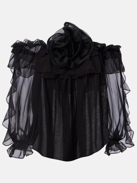 Floral-appliqué silk tulle top