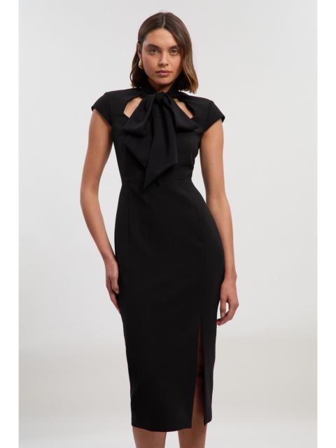 Compact Stretch Bow Tie Neck Tailored Pencil Midi Dress