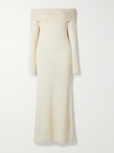 Ormany Frayed Off-the-shoulder Bouclé Maxi Dress