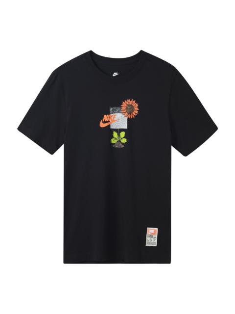 Men's Nike Logo Plant Pattern Printing Round Neck Casual Short Sleeve Black T-Shirt DQ1034-010