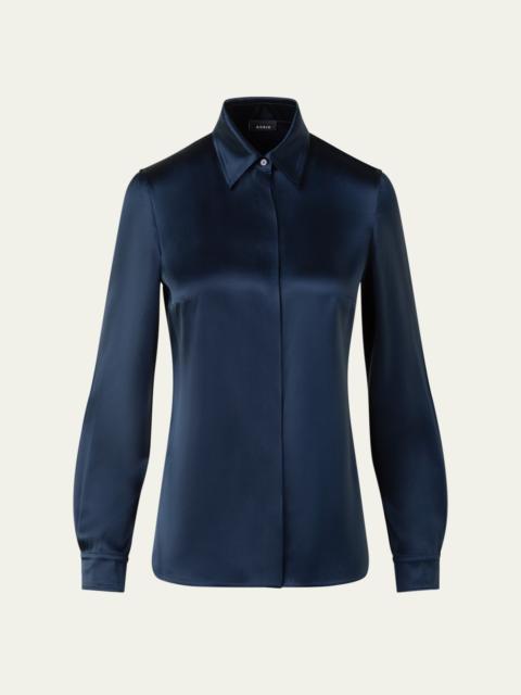 Stretch Silk Satin Button-Down Blouse