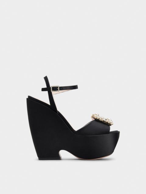 Choc Flower Strass Wedge Sandals in Satin