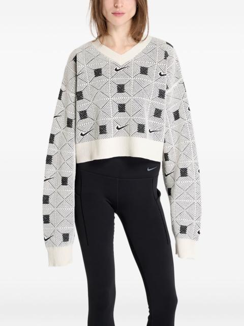 geometric-pattern V-neck sweater