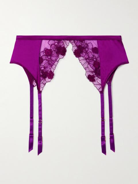 Violet Silk-blend Satin And Appliquéd Embroidered Tulle Suspender Belt