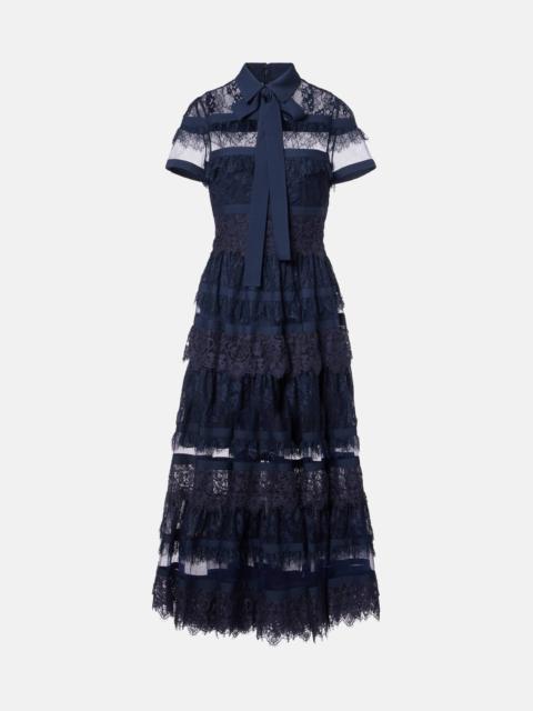 Tie-neck lace midi dress