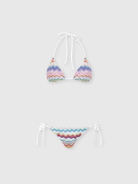 Triangle bikini in lamé viscose with pixel-effect zigzag pattern