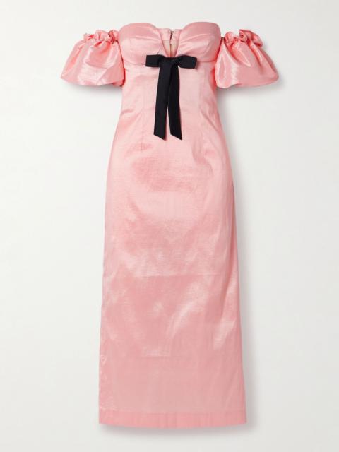 Stella off-the-shoulder bow-detailed taffeta midi dress Pastel pink