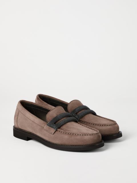 Suede penny loafers with precious clamp