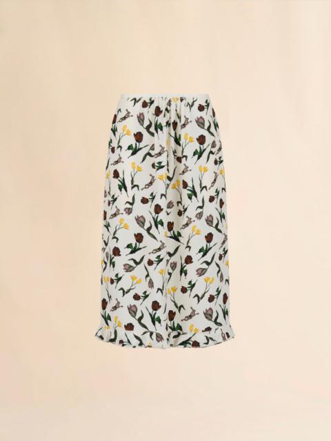 CREAM ENVERS SATIN MIDI SKIRT WITH TULIPS AND HARES PRINT