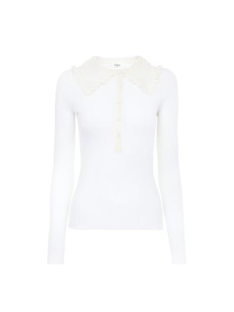 COLLARED HENLEY SHIRT IN SUPERFINE WOOL KNIT & LACE