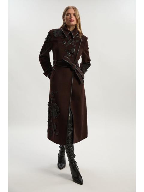 Brushed Wool Pu Mix Placed Floral Embroidery Applique Tailored Midi Coat