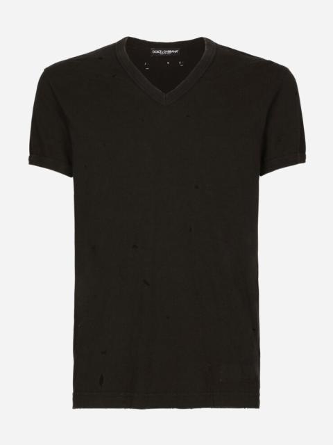 Washed cotton V-neck T-shirt