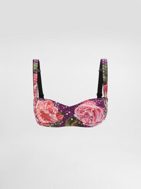 Sequin-embroidered cady balconette bra with rose print