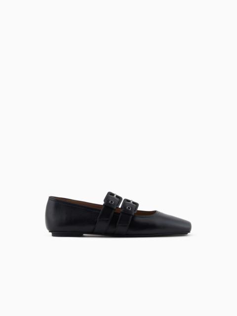 NAPPA-LEATHER SQUARE-TOED BALLERINAS WITH DOUBLE STRAP