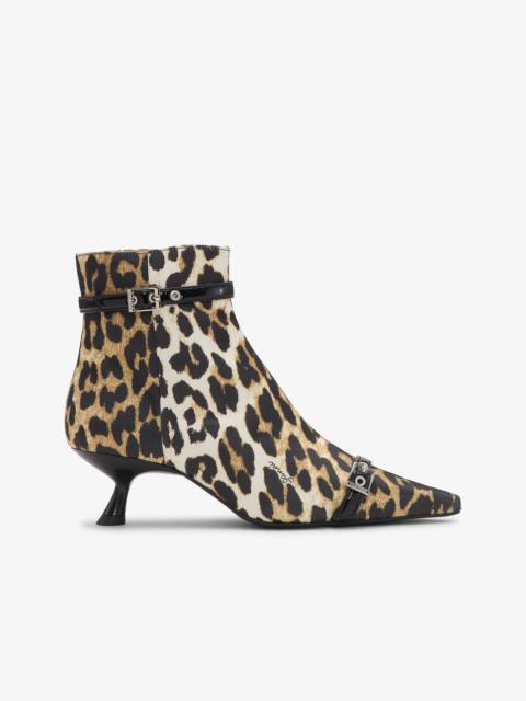LEOPARD SATIN EYELETS KITTEN HEEL BOOTS