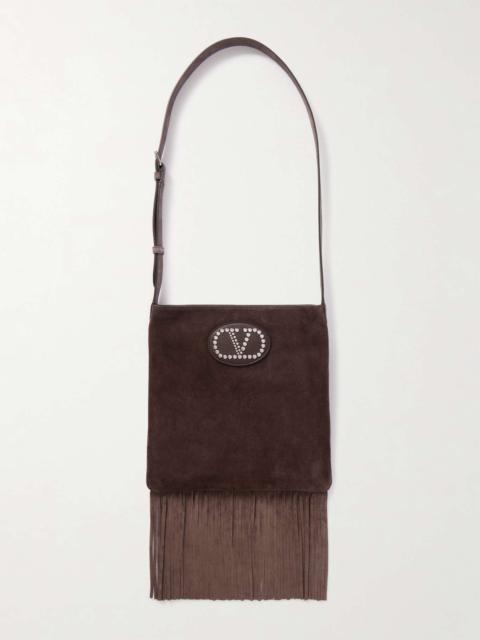 Nellcote embellished fringed leather-trimmed suede shoulder bag Burgundy