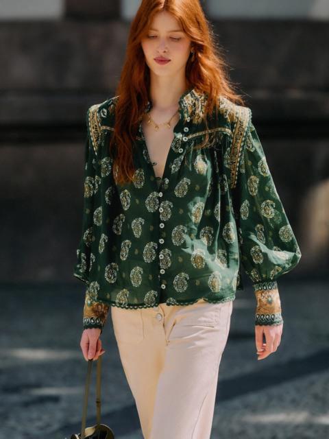 Green Tayla Lace Buttoned Puff Sleeve Blouse