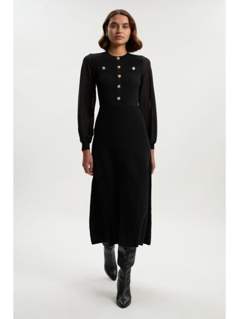Viscose Blend Maxi Knit Dress With Chiffon Sleeve Military Trim