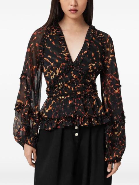 ruffled animal-print blouse