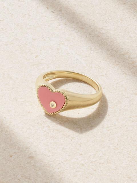 Baby Chevalière 9-karat gold, coral and diamond ring Pink