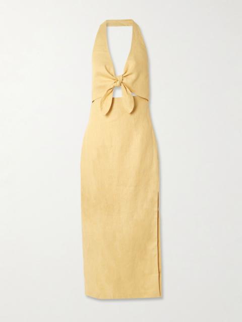 Carlotta tie-front linen halterneck midi dress Yellow
