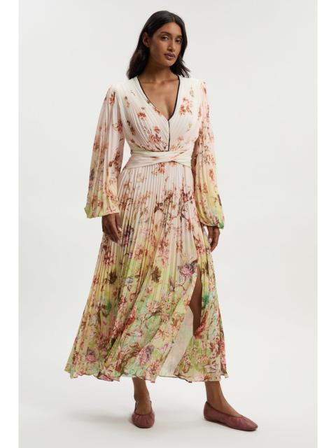 Scattered Floral Balloon Sleeve Pleated Crinkle Cut Out Woven Maxi Dress