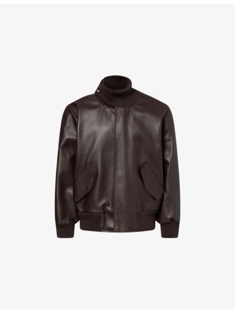 High-Neck Logo-Patch Leather Jacket